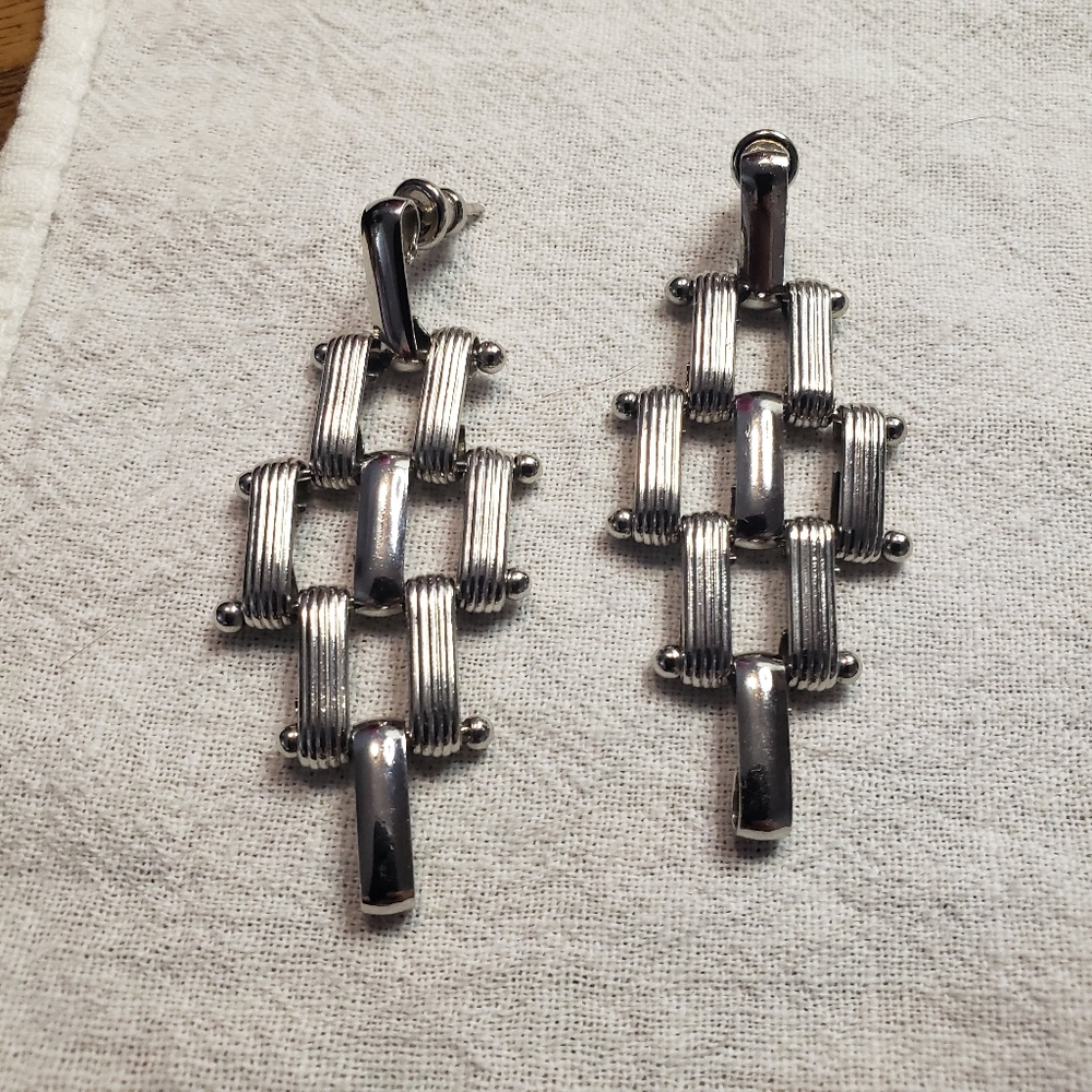 Silvertone Geometric Drop Earrings with posts